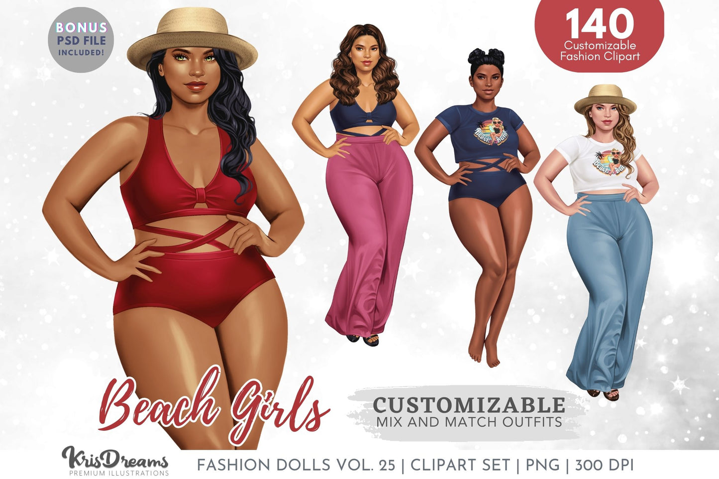 Summer Fashion Girls Clipart, Girls Trip, Customizable Doll for Sublimation PNG, Printable Design Black Woman Denim, Png Commercial Use