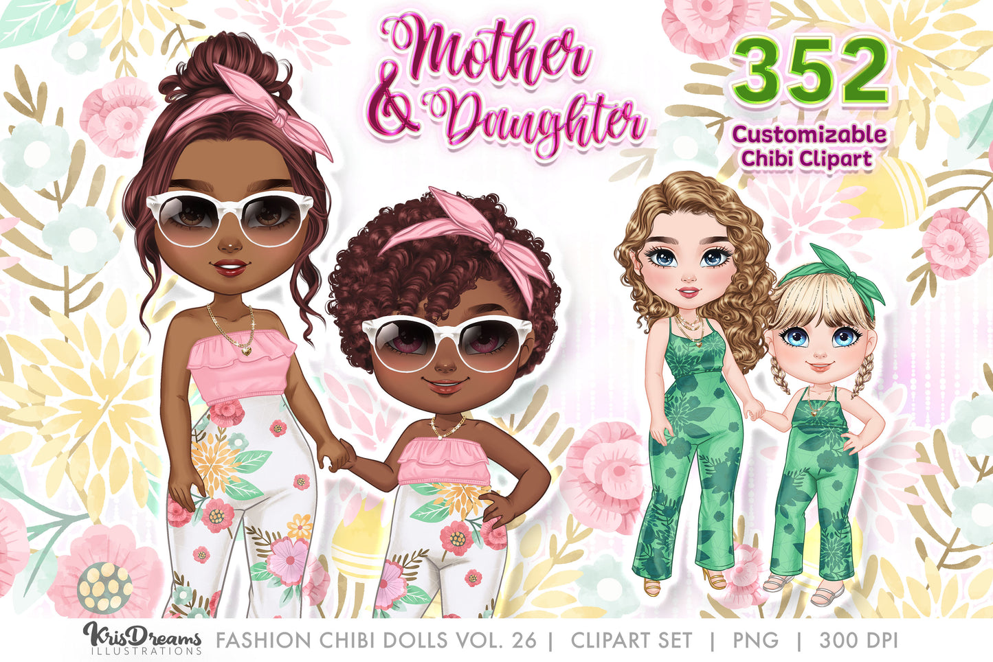 Chibi Clipart, Mother Daughter Shirts, Mom png, Fashion Clipart, Png Files for Sublimation, Anniversary Gifts for Parents
