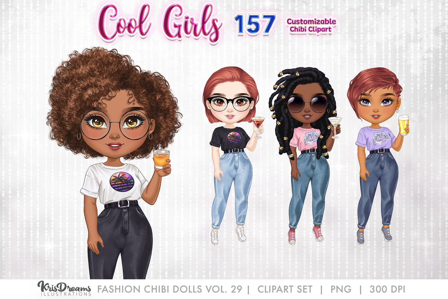 Chibi Clipart, Best Friends, Drinking Cocktail Clipart | Chibi Souls Sisters Girls Night Out | Customizable Hair and Fashion Illustrations