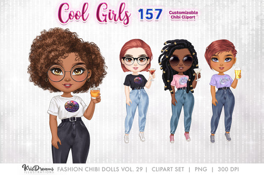 Chibi Clipart, Best Friends, Drinking Cocktail Clipart | Chibi Souls Sisters Girls Night Out | Customizable Hair and Fashion Illustrations