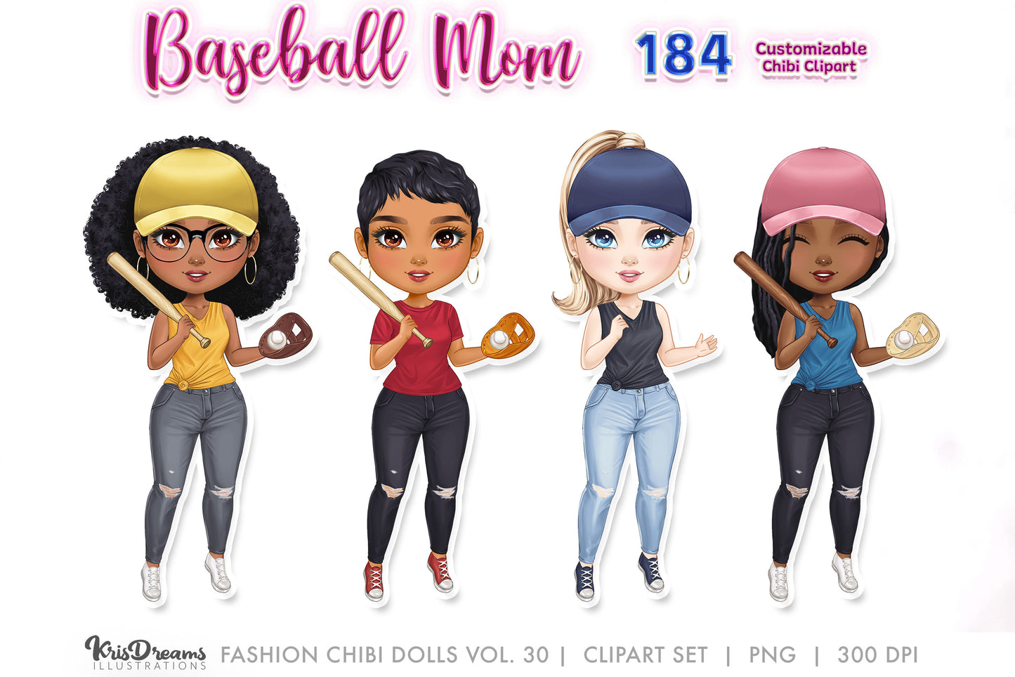 Chibi Clipart, Baseball Mom PNGs, Baseball Clipart | Sports Clipart | Customizable Hair and Fashion Illustrations