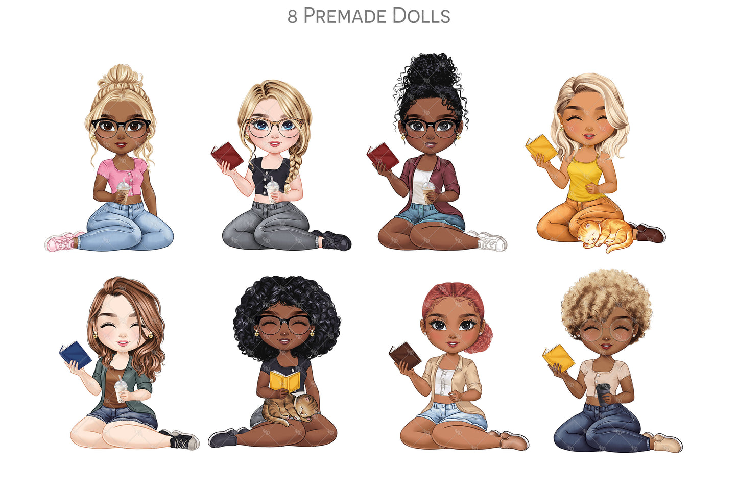 Chibi Girls Reading Clipart | Bookworm Best Friends Sitting | Book and Coffee Lover Sisters | Customizable Hair and Fashion Illustrations