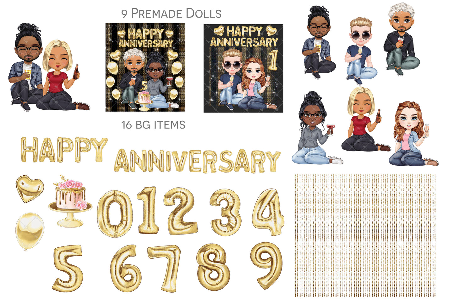 Chibi Clipart, Chibi Couple Png, Customizable Digital Paper Doll, Anniversary Gifts for Parents