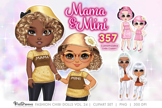 Chibi Clipart, Matching Mother Daughter Outfits, Mother's Day Png Files for Sublimation, Digital Download