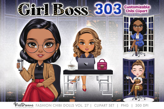 Chibi Clipart, Boss Babe, Office Art, Black Girl Clipart, Girl Boss, Png Files for Sublimation, Digital Stickers, Planner Stickers