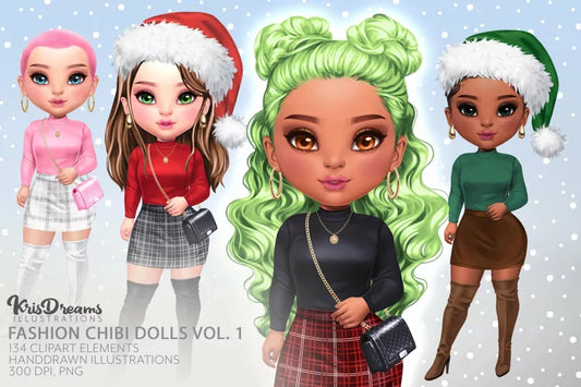 Christmas Fashion Chibi Girls Clipart, Bestfriends Sisters