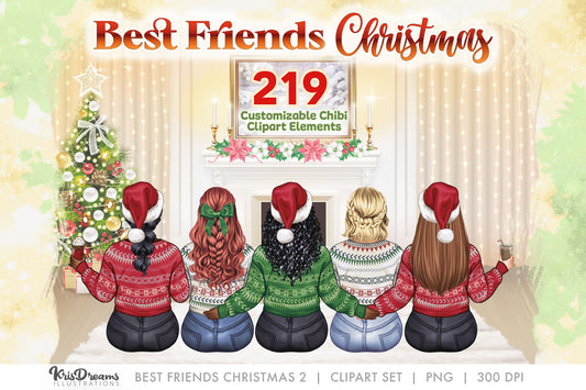 Best Friends Clipart, Best Friends Sitting, Christmas Best friends, Soul Sisters Clip art, Customizable Clipart PNG, Sublimation Designs