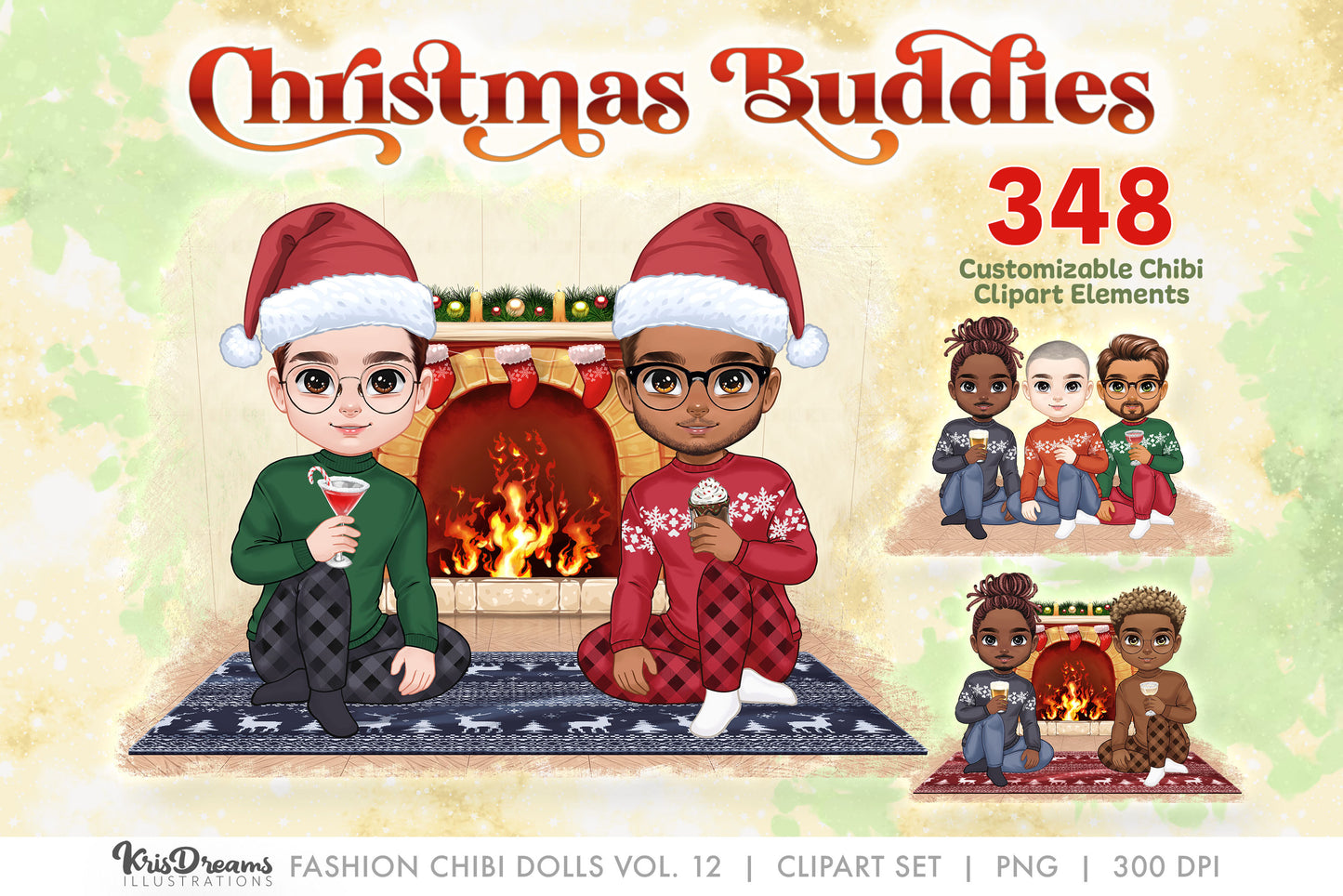 Christmas Men Chibi Best Friends Clipart | Cute Chibi Brothers Sitting with Cocktail Drinks | Customizable Hair and Fashion Illustrations