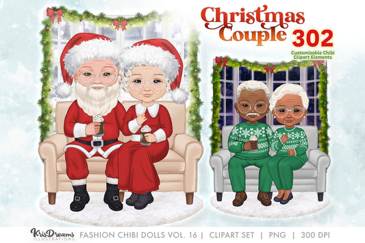 Grandparents Chibi Couple Clipart | Cute Chibi Christmas Winter Valentines Old Couple Sitting with Drinks | Customizable Hair and Outfit