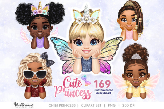 Cute Chibi Princess Clipart, Unicorn Princess Butterfly Wings PNG, Princess Tiara, Angel Wings, Chibi Peekaboo, Customizable Clip Art