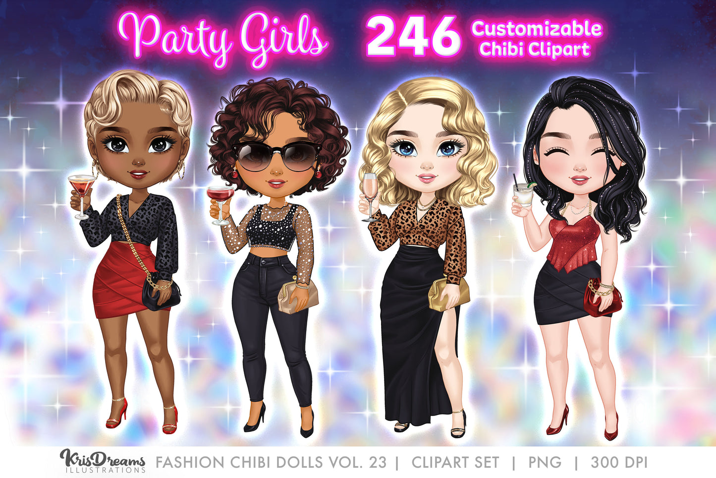 Chibi Best Friends Drinking Cocktail Clipart | Chibi Party Girls Sisters Night Out | Customizable Hair and Fashion Illustrations