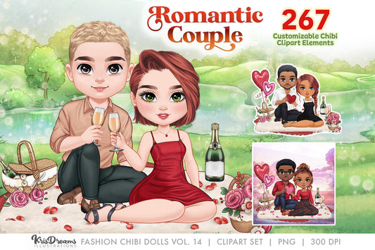 Valentine Romantic Chibi Couple Date Clipart | Cute Chibi Couple Picnic Sitting with Cocktail Drinks | Customizable Hair and Fashion PNG