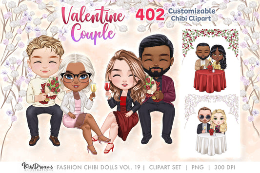 Valentine Romantic Chibi Couple Date Clipart | Valentine's Day Date Couple Sitting with Cocktail Drinks | Customizable Hair and Fashion PNG