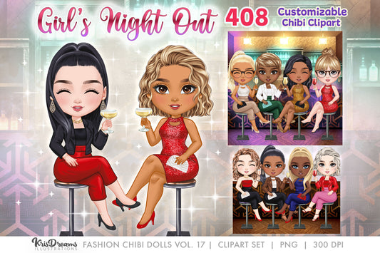 Chibi Best Friends Drinking Cocktail Clipart | Chibi Souls Sisters Girls Night Out | Customizable Hair and Fashion Illustrations