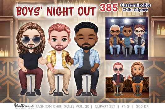 Male Chibi Best Friends Clipart | Cute Chibi Brothers Sitting with Cocktail Drinks | Custom Hair and Fashion Clipart