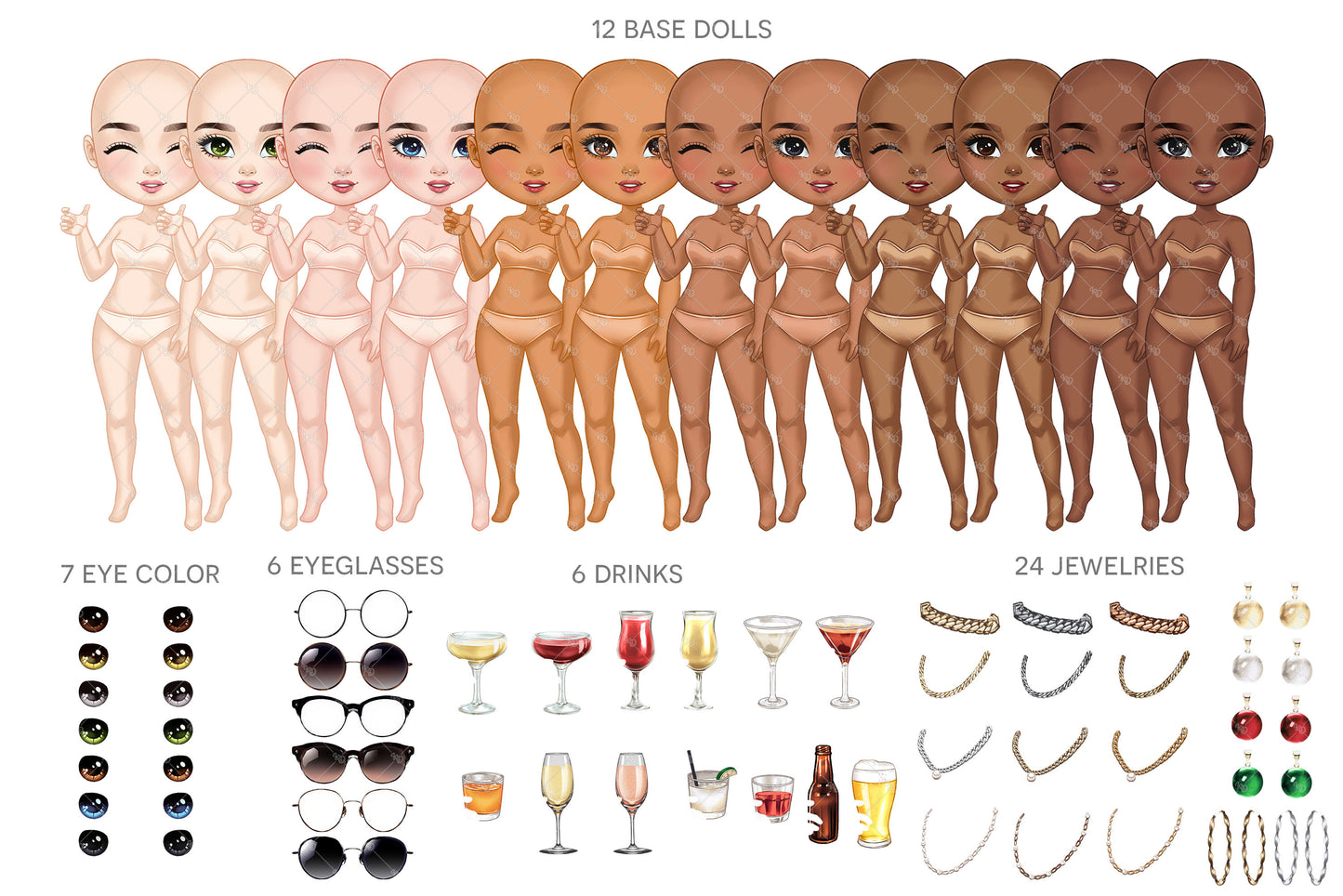 Chibi Best Friends Drinking Cocktail Clipart | Chibi Party Girls Sisters Night Out | Customizable Hair and Fashion Illustrations