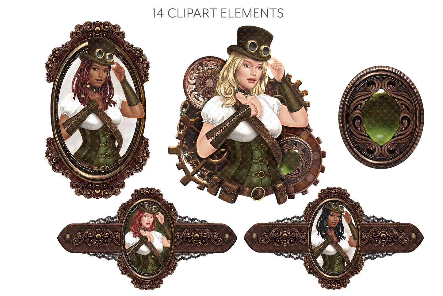 Victorian Steampunk Clip Art, Gothic Fashion png, Cosplay Fashion illustration, Gears Lace Leather Locket Pocketwatch, Planner, Scrapbooking