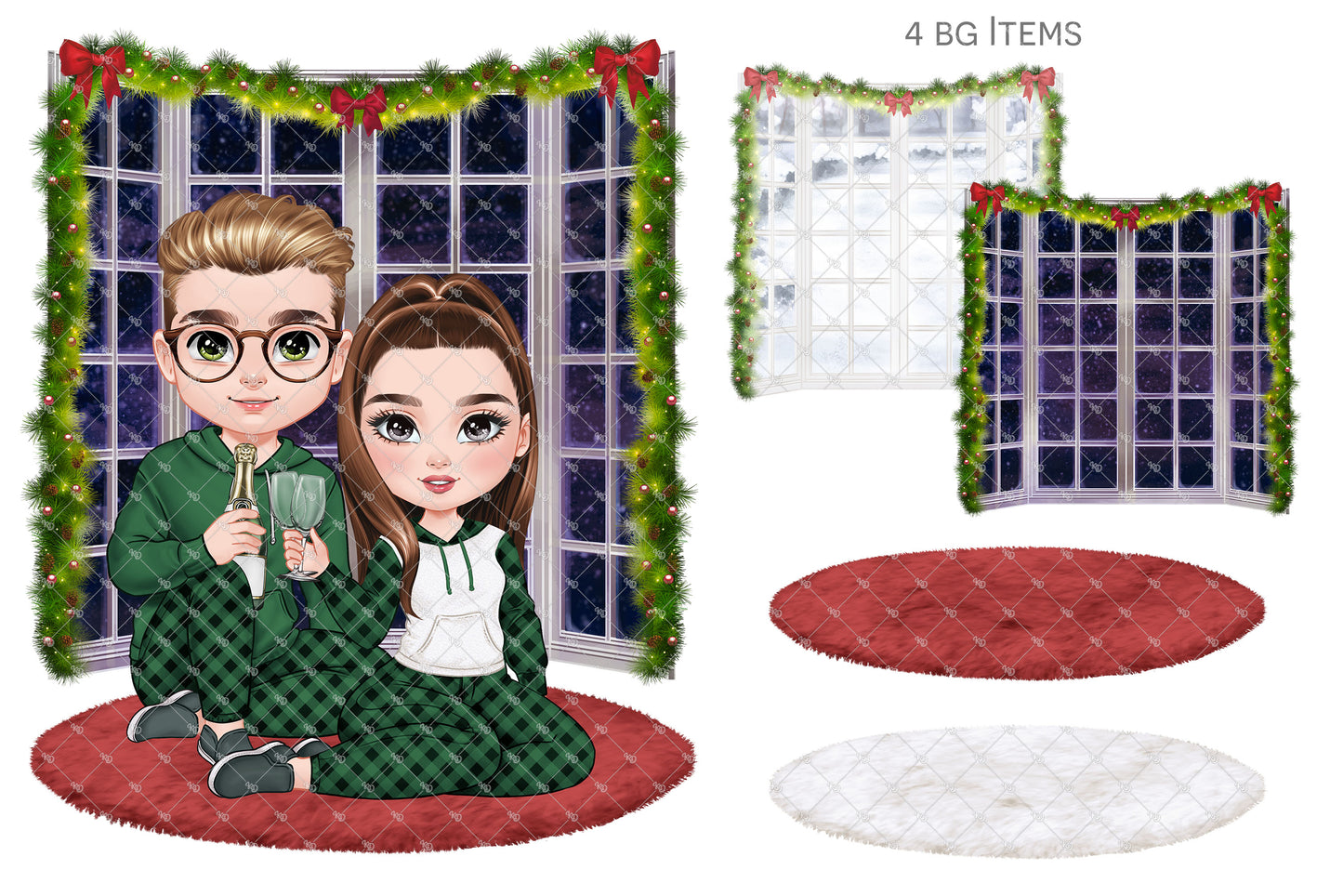 Romantic Chibi Couple Clipart | Cute Chibi Christmas Valentines Couple Sitting with Cocktail Drinks | Customizable Hair and Fashion PNG