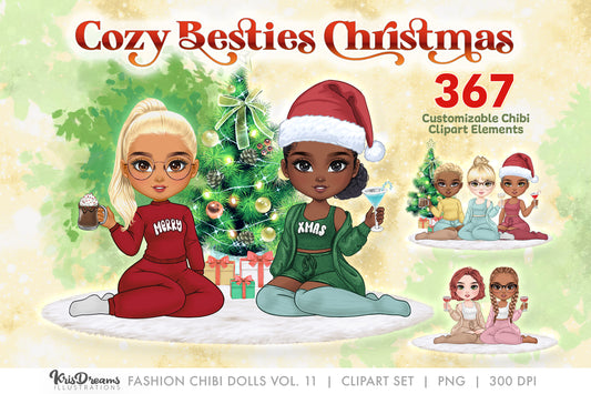 Christmas Chibi Best Friends Clipart | Cute Chibi Souls Sisters Sitting with Cocktail Drinks | Customizable Hair and Fashion Illustrations