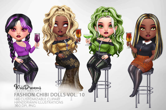 Halloween Chibi Girls Clipart | Best Friends Chibi PNG | Goth Glam Clip art | Customizable Hair and Fashion Illustrations
