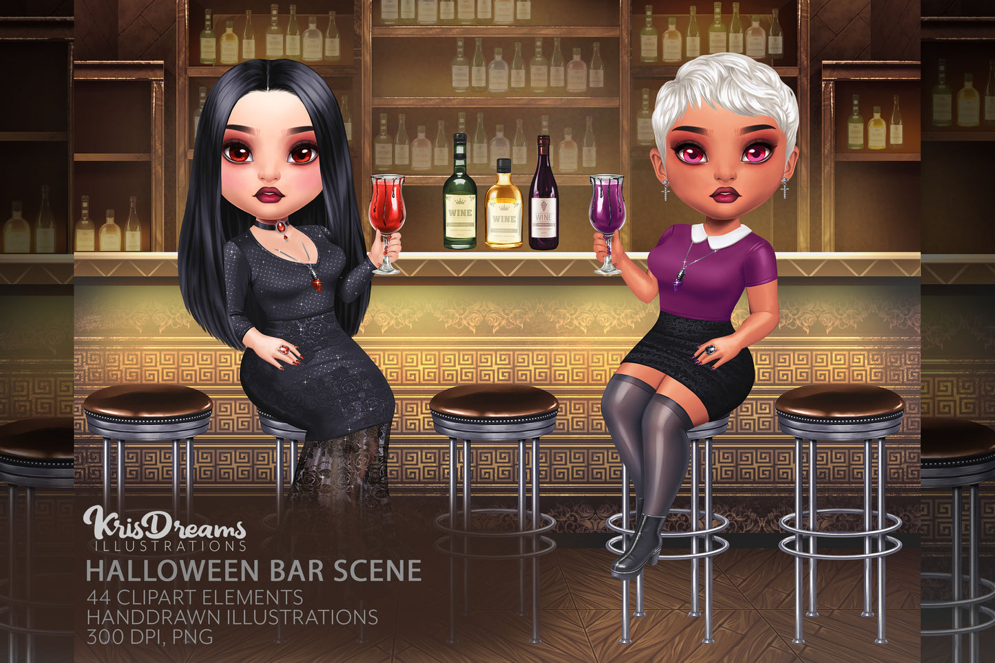 Bar Scene Clipart | Cocktail Bar Background Illustration | Halloween Best Friends Party | Chibi Friends Drinking