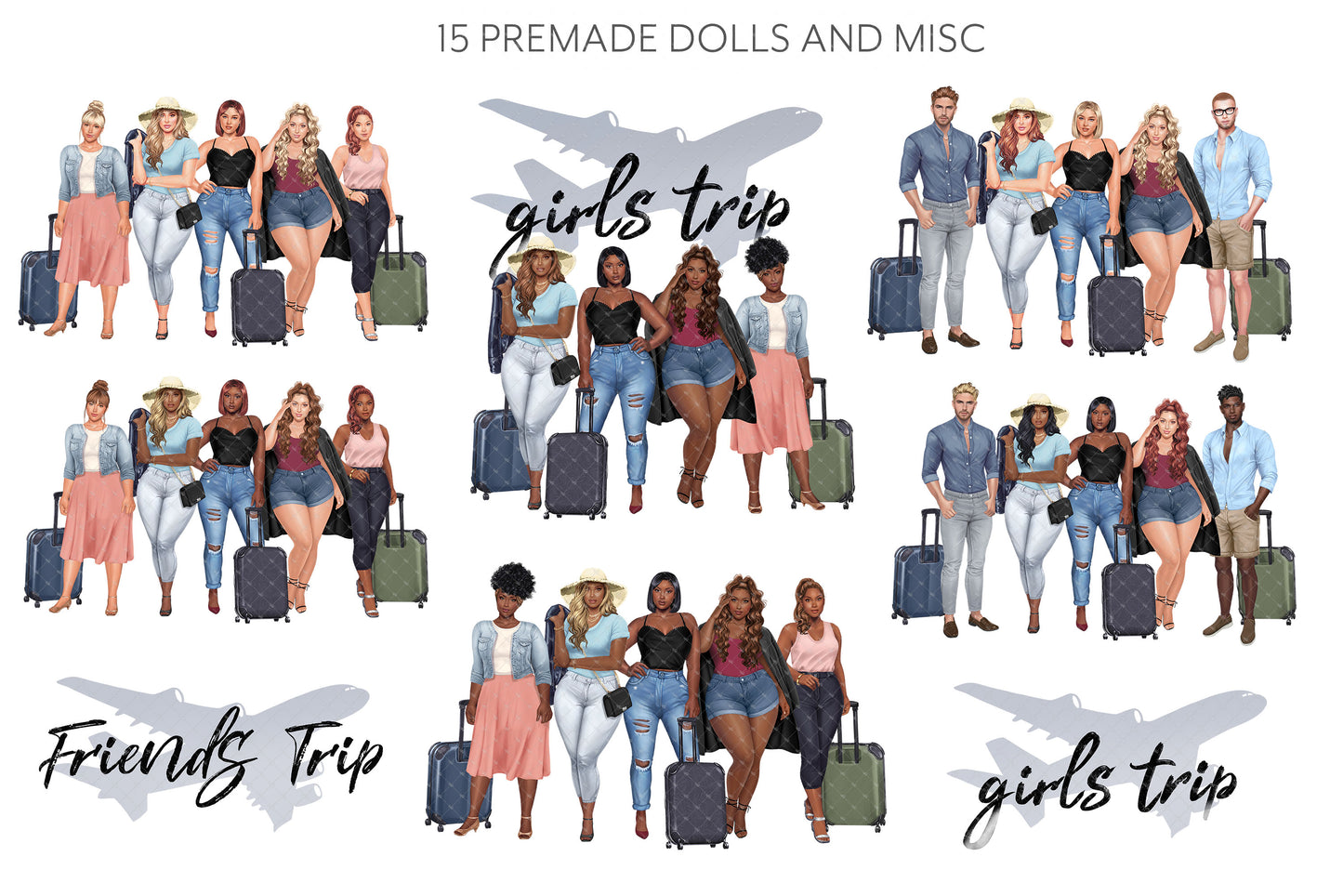 Best Friends Trip Clipart | Besties Girls Trip Travel Illustrations Sublimation Design in PNG and PSD formats