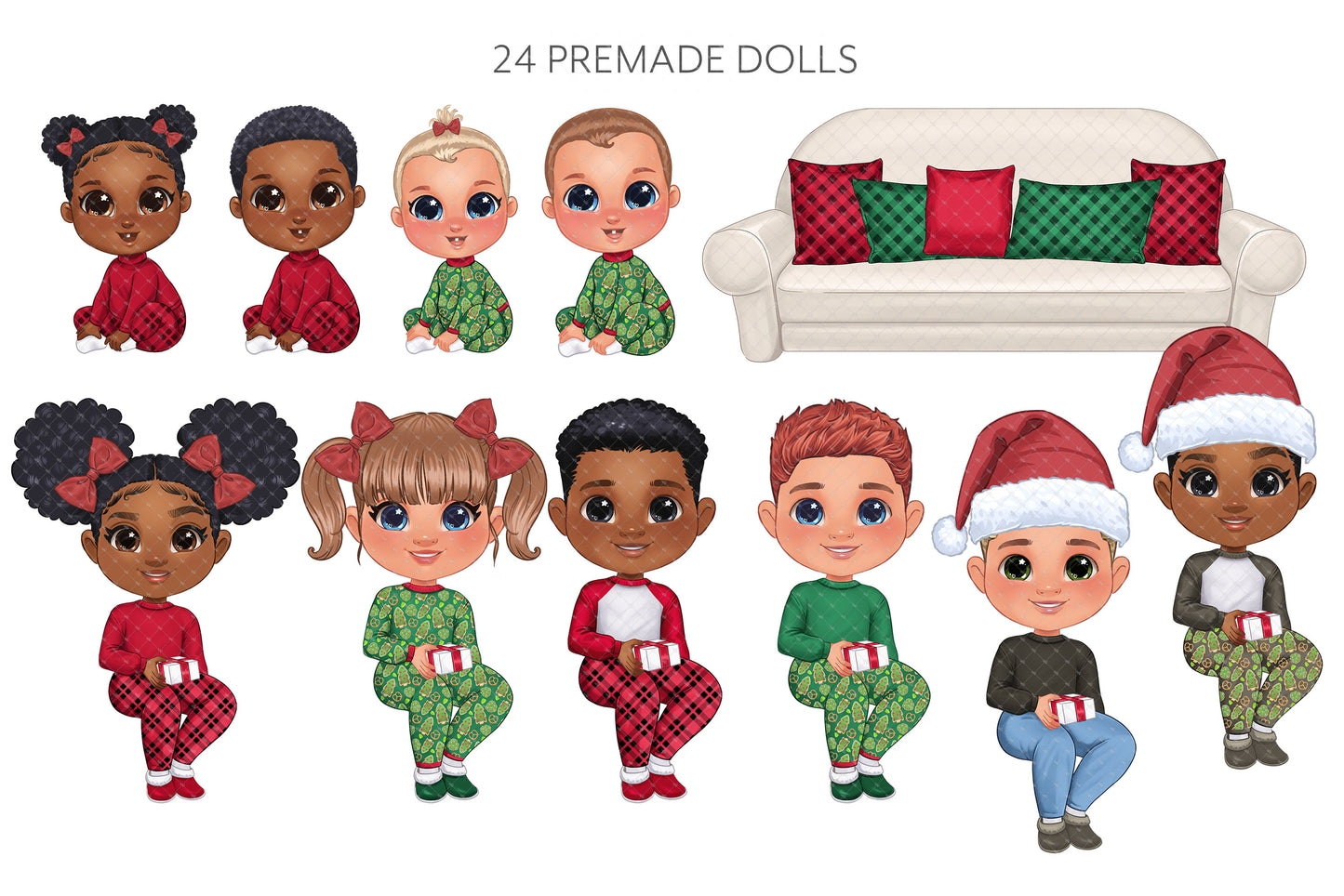 Christmas Family Chibi clipart, Chibi Children png, Mom Dad Kids Baby Pajama Customizable Design in PSD and png