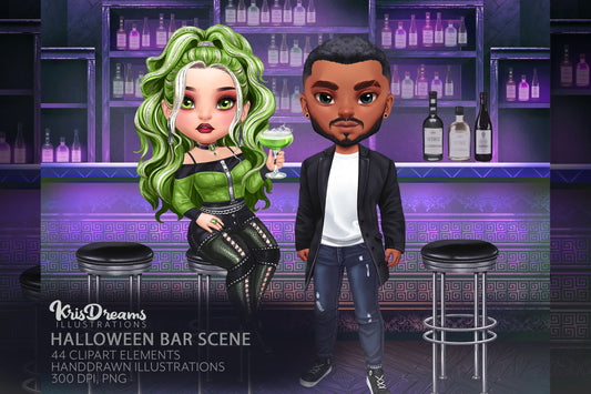 Bar Scene Clipart | Cocktail Bar Background Illustration | Halloween Best Friends Party | Chibi Friends Drinking