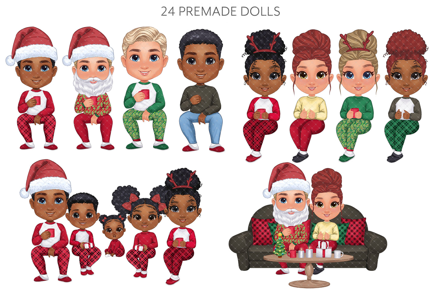 Christmas Family Chibi clipart, Chibi Children png, Mom Dad Kids Baby Pajama Customizable Design in PSD and png