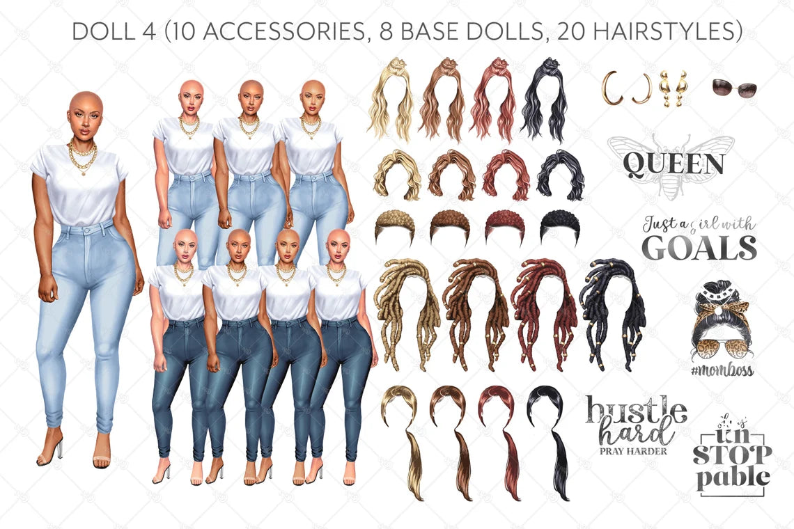 Denim Girls Clipart, Fashion Girls Clipart Bundle, Curvy Girl Clipart, Natural Hair Clipart, Afro Girls Clipart