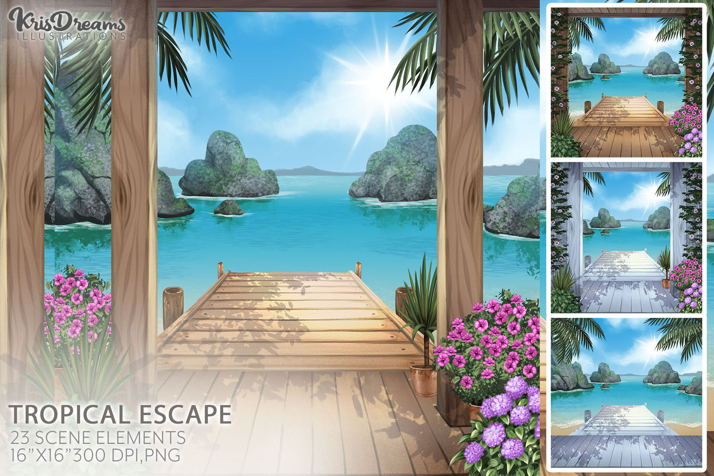Tropical Summer Beach Background, Vacation Scene, Customizable Scene Clipart