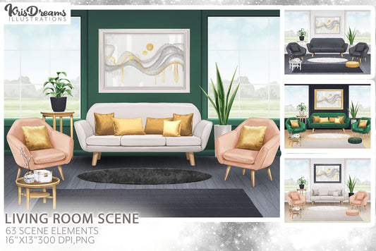 Living Room Scene, Sofa Couch Clipart, Chic Backdrop