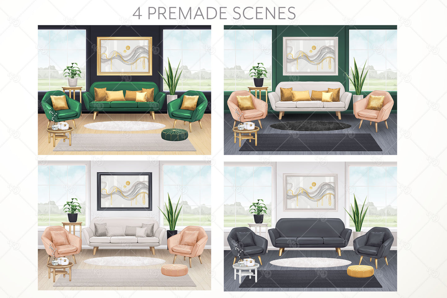 Living Room Scene, Sofa Couch Clipart, Chic Backdrop